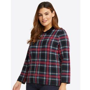 Draper James Collared Sweater in Georgia Plaid black red and green peter pan col